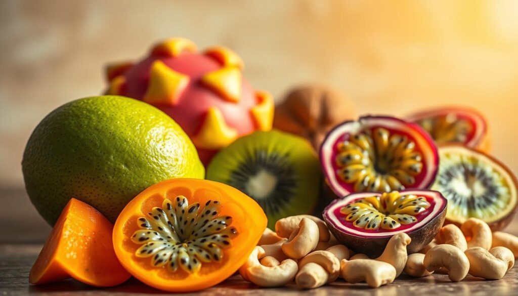 A vibrant still life featuring a diverse array of high-protein fruits against a softly blurred background. In the foreground, a ripe avocado, creamy and green, nestled among bright orange slices of dragonfruit. In the middle ground, juicy passion fruit halves revealing their jewel-toned seeds, along with succulent kiwi slices and a handful of cashew nuts. The lighting is warm and natural, casting a golden glow over the scene. The composition is balanced, highlighting the textures and colors of these unexpected protein-rich ingredients. An inspirational image to accompany a vegan lifestyle article. A vibrant still life featuring a diverse array of high-protein fruits against a softly blurred background. In the foreground, a ripe avocado, creamy and green, nestled among bright orange slices of dragonfruit. In the middle ground, juicy passion fruit halves revealing their jewel-toned seeds, along with succulent kiwi slices and a handful of cashew nuts. The lighting is warm and natural, casting a golden glow over the scene. The composition is balanced, highlighting the textures and colors of these unexpected protein-rich ingredients. An inspirational image to accompany a vegan lifestyle article.