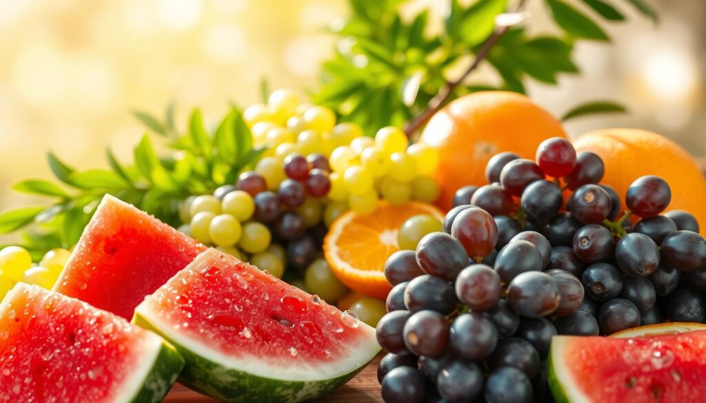 A vibrant still life of hydrating fruits set against a warm, sun-dappled backdrop. In the foreground, a selection of juicy watermelon slices, glistening with refreshing droplets. Surrounding them, clusters of plump, juicy grapes in shades of green and purple. In the middle ground, a scattering of succulent orange segments, their vibrant hues complemented by the soft, diffused lighting. In the background, a lush, verdant foliage creates a natural, earthy atmosphere, suggesting the wholesome, nourishing nature of these hydrating fruits. The composition is balanced, the lighting natural and flattering, inviting the viewer to feel the refreshing, thirst-quenching qualities of these healthy, water-rich delights. A vibrant still life of hydrating fruits set against a warm, sun-dappled backdrop. In the foreground, a selection of juicy watermelon slices, glistening with refreshing droplets. Surrounding them, clusters of plump, juicy grapes in shades of green and purple. In the middle ground, a scattering of succulent orange segments, their vibrant hues complemented by the soft, diffused lighting. In the background, a lush, verdant foliage creates a natural, earthy atmosphere, suggesting the wholesome, nourishing nature of these hydrating fruits. The composition is balanced, the lighting natural and flattering, inviting the viewer to feel the refreshing, thirst-quenching qualities of these healthy, water-rich delights.