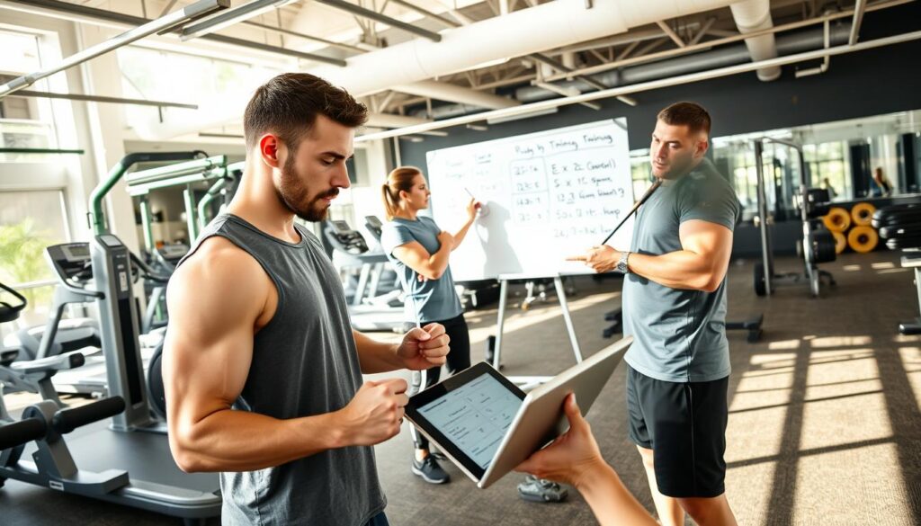 A well-equipped gym with a mix of free weights, resistance machines, and cardio equipment. In the foreground, a person studying a training program on a tablet, adjusting exercise selections and weights. Behind them, a personal trainer demonstrating modifications to the program on a whiteboard, explaining how to tailor it for specific fitness goals. The lighting is bright and natural, creating a motivating atmosphere. The camera angle is slightly elevated, capturing the dynamic interplay between the individual and the trainer as they collaborate on refining the hybrid training plan.