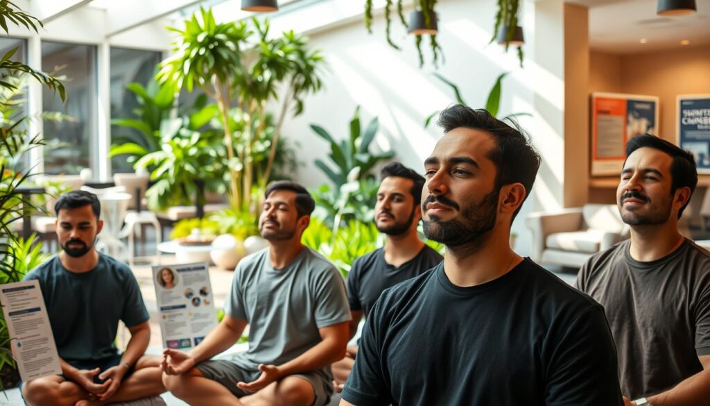 A well-lit and serene mental health support hub, featuring a calming indoor garden with lush greenery, natural lighting, and soothing water features. In the foreground, a group of men engage in mindfulness exercises, their expressions conveying a sense of tranquility and focus. The middle ground showcases various resources, including informative brochures, counseling session schedules, and support group signups, all designed with a modern, minimalist aesthetic. The background depicts a warm, inviting atmosphere, with comfortable seating areas and soft, natural tones, creating an atmosphere of safety and trust.