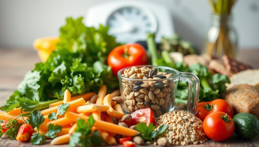 A well-lit, detailed still life scene depicting various macronutrient-rich foods arranged in a balanced and visually appealing composition. In the foreground, a mix of fresh vegetables, lean proteins, and whole grains are carefully placed to create a sense of harmony. The middle ground features a measuring cup filled with nuts and seeds, symbolizing the importance of portion control. In the background, a blurred image of a scale or other weight loss-related item provides context. The lighting is soft and natural, highlighting the textures and colors of the ingredients. The overall mood is one of clarity, health, and the balance required for successful weight loss. A well-lit, detailed still life scene depicting various macronutrient-rich foods arranged in a balanced and visually appealing composition. In the foreground, a mix of fresh vegetables, lean proteins, and whole grains are carefully placed to create a sense of harmony. The middle ground features a measuring cup filled with nuts and seeds, symbolizing the importance of portion control. In the background, a blurred image of a scale or other weight loss-related item provides context. The lighting is soft and natural, highlighting the textures and colors of the ingredients. The overall mood is one of clarity, health, and the balance required for successful weight loss.