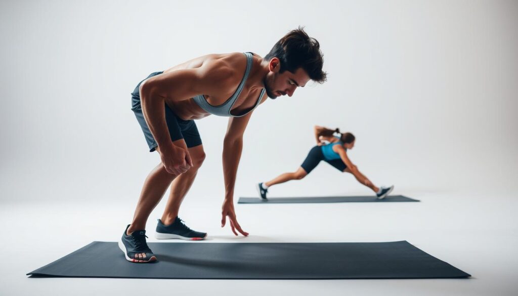 A well-lit, high-angle studio shot of a runner performing a series of core-stabilizing exercises on a yoga mat. The foreground features the runner in mid-motion, holding a plank position, their muscular upper body and engaged core clearly visible. The middle ground showcases the runner transitioning into a side plank, demonstrating another effective core exercise. The background is a clean, minimalist setting with soft, diffused lighting, emphasizing the focus on the exercises. The overall atmosphere is one of purposeful, athletic determination, highlighting the importance of core stability for runners. running core workouts Exercises Every Runner Needs