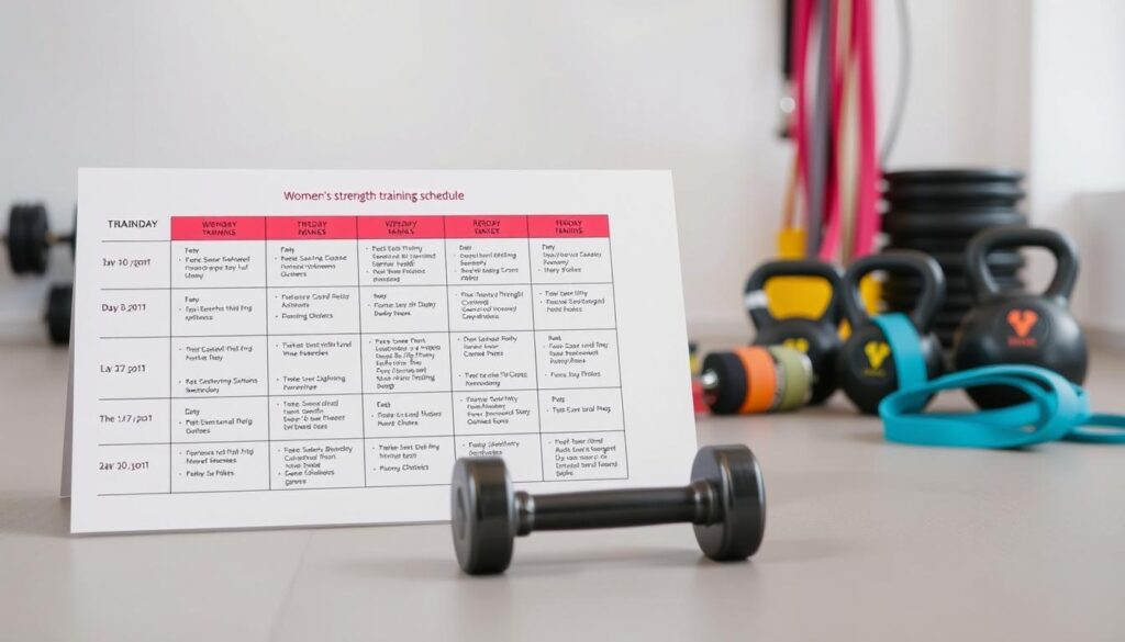 A well-lit, high-resolution image of a women's strength training schedule, featuring a clean, minimalist design. In the foreground, a neatly organized weekly training plan, with different exercises and their corresponding days clearly laid out. The middle ground showcases various strength training equipment, such as dumbbells, kettlebells, and resistance bands, arranged in an aesthetically pleasing manner. The background is a soft, neutral-toned environment, conveying a sense of calm and focus, ideal for a strength training session. The overall mood is one of efficiency, discipline, and empowerment, reflecting the subject of the article's section on designing a strength training schedule for women.