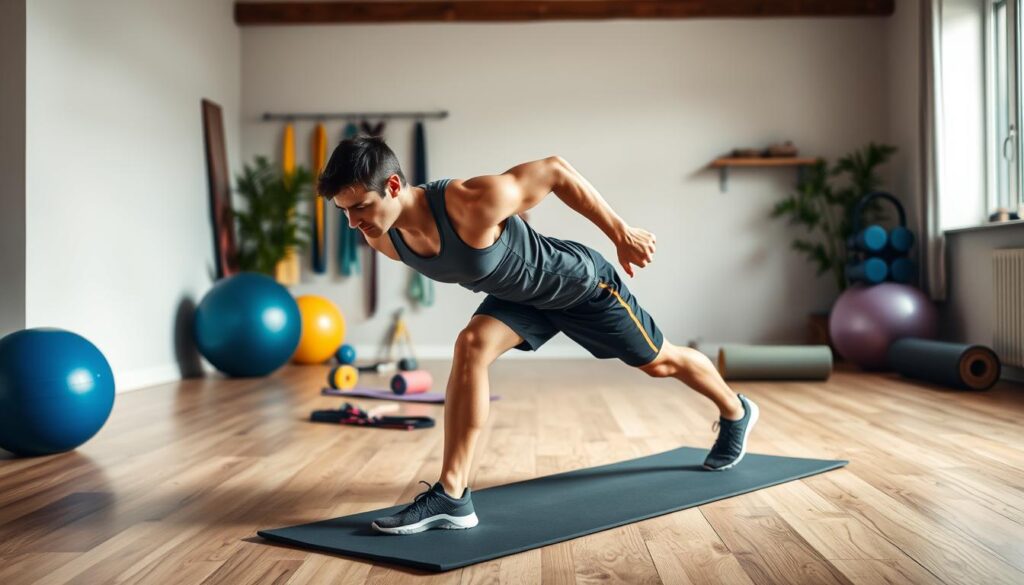 A well-lit, high-resolution photograph of a yoga studio or home gym setting. In the foreground, a runner is performing a side plank exercise on a yoga mat, showcasing proper form and core engagement. In the middle ground, various pieces of equipment are arranged neatly, including resistance bands, stability balls, and foam rollers. The background features a clean, minimalist design with neutral-toned walls and natural lighting, creating a calming and focused atmosphere. The image conveys the importance of core-stability exercises for runners, emphasizing the versatility of equipment and the benefits of a dedicated home workout space. (Core‑Stability Exercises)