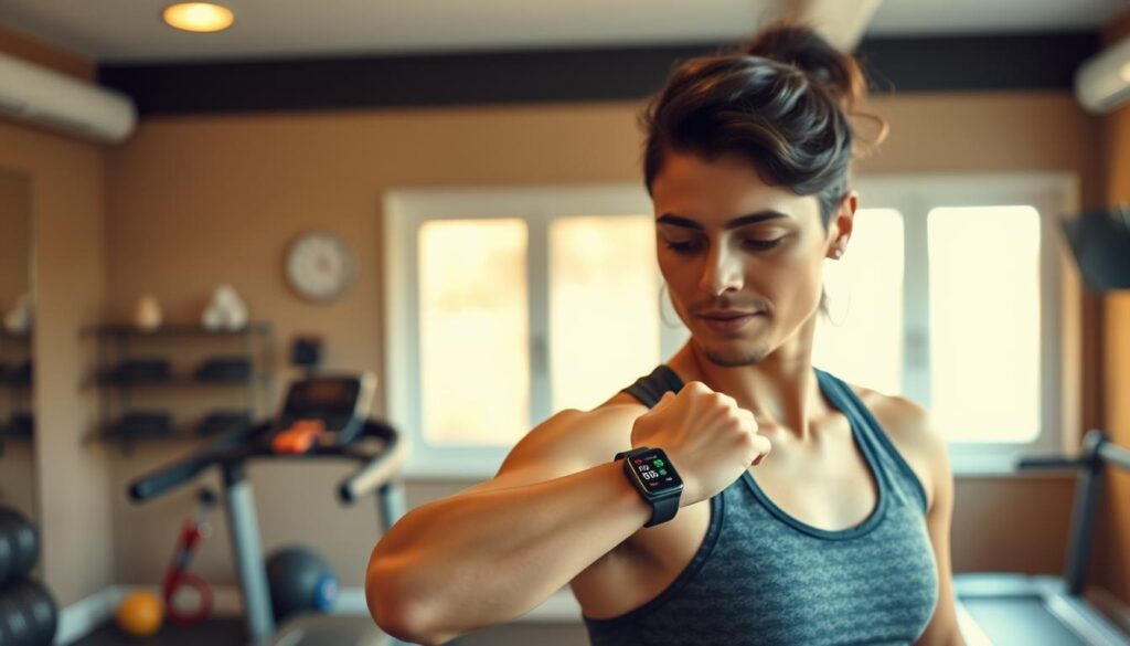 A well-lit home gym interior, with a treadmill and exercise equipment in the background. In the foreground, a person wearing activewear is monitoring their heart rate on a smartwatch, tracking their progress during a high-intensity interval training (HIIT) workout. The lighting is warm and natural, creating a motivating atmosphere. The scene is shot from a slightly elevated angle, emphasizing the subject's focused expression and the data displayed on the watch face.