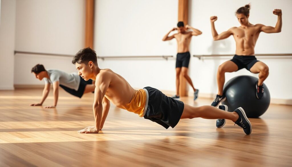 A well-lit indoor gym setting with a wooden floor and minimal equipment. In the foreground, a runner performs a side plank exercise, their core engaged as they hold the position. In the middle ground, another runner does a Russian twist, their torso twisting with control. In the background, a runner balances on a stability ball, their abdominals contracted to maintain stability. Soft, natural lighting casts a warm glow, highlighting the runners' focused expressions and the intensity of their core-strengthening drills. Crisp, detailed rendering of the athletic forms and clean, uncluttered composition. (Core‑Stability Exercises)
