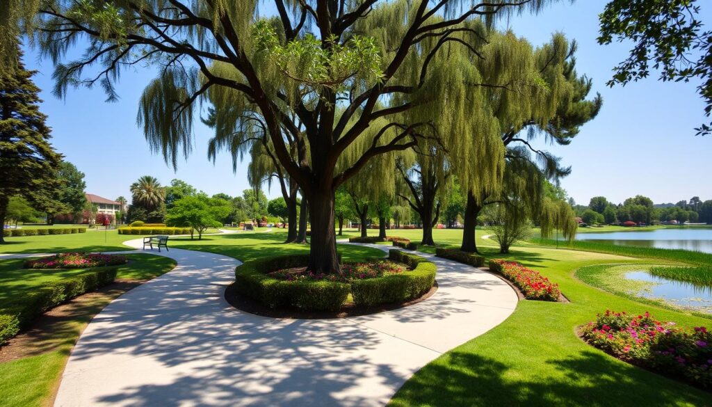 A well-lit, meandering path winding through a lush, verdant park. The foreground features a wide, smooth concrete walkway, flanked by neatly trimmed hedges and vibrant flower beds. In the middle ground, tall, graceful trees provide dappled shade, their branches swaying gently in a light breeze. The background showcases a tranquil pond, its surface reflecting the clear sky above. The overall scene conveys a sense of safety, serenity, and inviting warmth, encouraging a leisurely, healthy stroll. A well-lit, meandering path winding through a lush, verdant park. The foreground features a wide, smooth concrete walkway, flanked by neatly trimmed hedges and vibrant flower beds. In the middle ground, tall, graceful trees provide dappled shade, their branches swaying gently in a light breeze. The background showcases a tranquil pond, its surface reflecting the clear sky above. The overall scene conveys a sense of safety, serenity, and inviting warmth, encouraging a leisurely, healthy stroll.