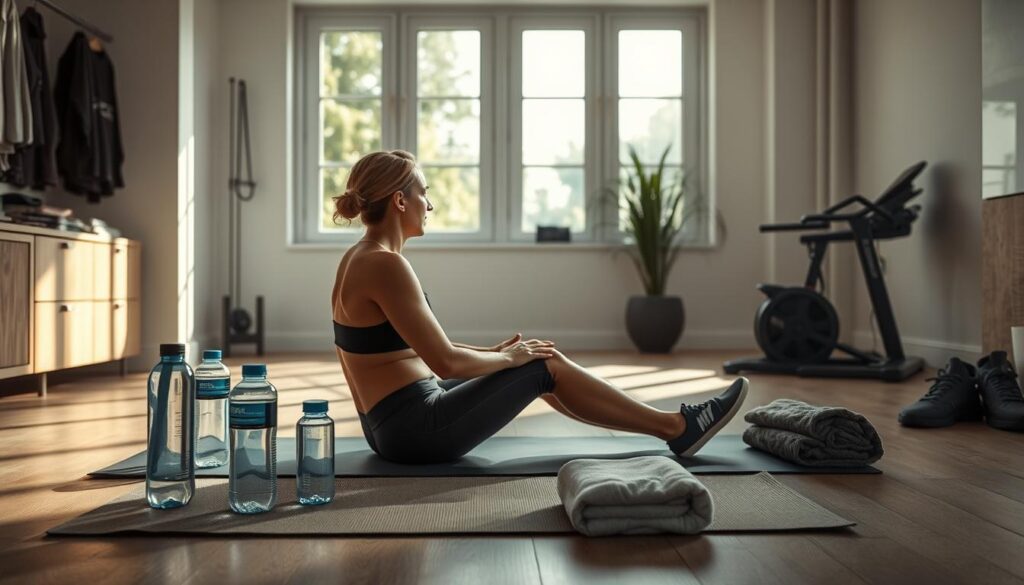 A well-lit, realistic image of a person resting and recovering after a high-intensity interval training (HIIT) workout. The subject is sitting on a yoga mat, surrounded by water bottles, towels, and other fitness equipment. The environment is a modern, minimalist home gym with clean lines and natural light streaming in through large windows. The overall mood is serene and contemplative, reflecting the importance of proper recovery for both HIIT and steady-state cardio workouts. The image should convey the idea of balance and the need to address recovery time considerations when comparing the two exercise modalities. A well-lit, realistic image of a person resting and recovering after a high-intensity interval training (HIIT) workout. The subject is sitting on a yoga mat, surrounded by water bottles, towels, and other fitness equipment. The environment is a modern, minimalist home gym with clean lines and natural light streaming in through large windows. The overall mood is serene and contemplative, reflecting the importance of proper recovery for both HIIT and steady-state cardio workouts. The image should convey the idea of balance and the need to address recovery time considerations when comparing the two exercise modalities.