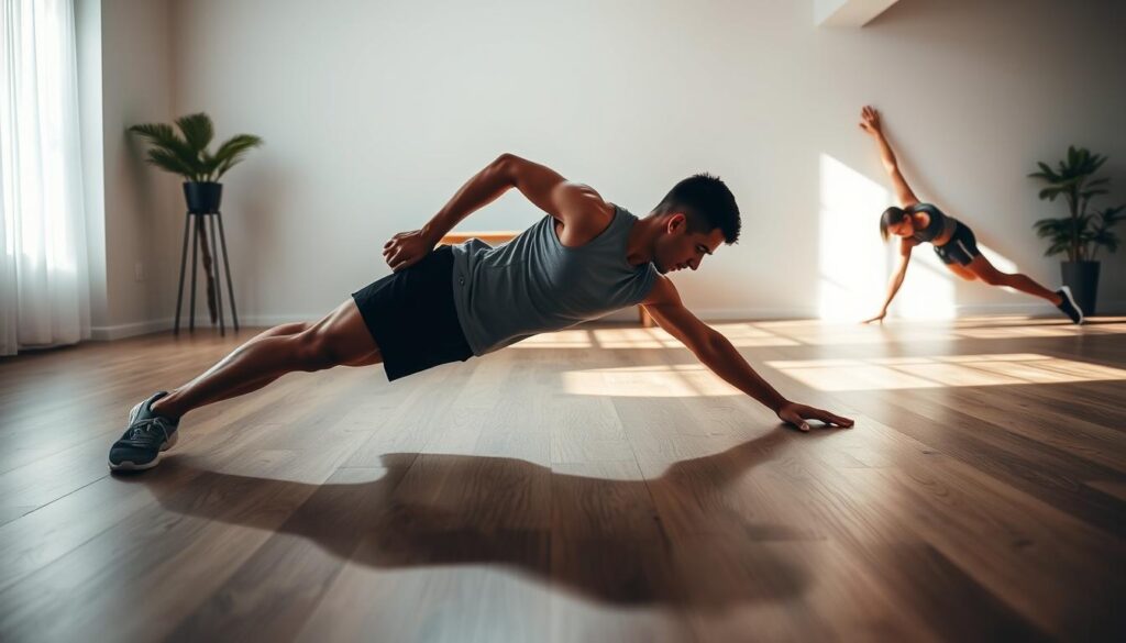 A well-lit studio setting with a wooden floor and minimalist decor. In the foreground, a runner performs a side plank exercise, their core engaged and body in perfect alignment. The middle ground features a model demonstrating a dead bug exercise, focusing on controlled movements and spinal stability. In the background, a runner executes a high plank, their form accentuated by dramatic side lighting. The scene conveys the importance of core strength and stability for runners, with a clean, modern aesthetic. running core workouts Exercises Every Runner Needs