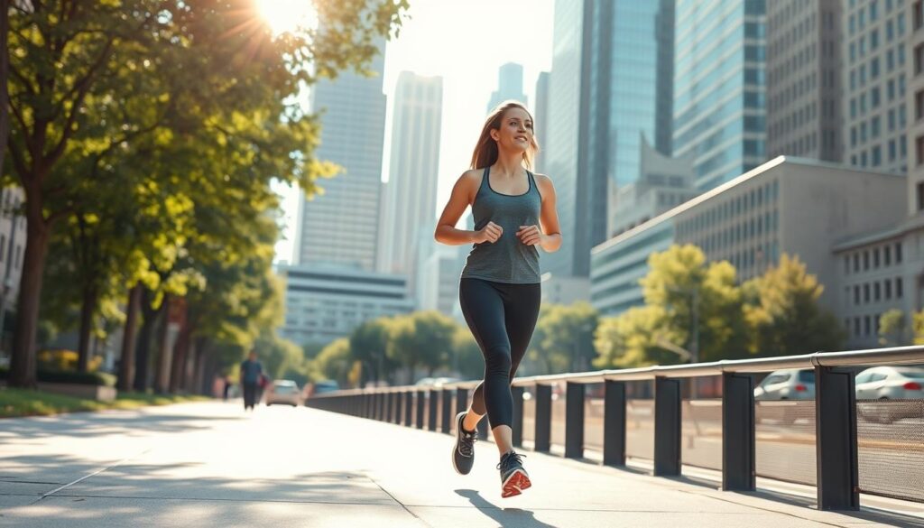 A woman walking briskly on a city sidewalk, dressed in athletic wear and sneakers. Sunlight filters through the trees, casting a warm glow on her determined expression. In the background, skyscrapers and busy urban life contrast with the tranquility of her focused workout. Her stride is confident, her arms pumping rhythmically as she engages in an interval training session, alternating bursts of speed with periods of moderate pace. The scene conveys the empowering experience of using the city as a natural gym, leveraging the environment to enhance a weight loss walking routine. A woman walking briskly on a city sidewalk, dressed in athletic wear and sneakers. Sunlight filters through the trees, casting a warm glow on her determined expression. In the background, skyscrapers and busy urban life contrast with the tranquility of her focused workout. Her stride is confident, her arms pumping rhythmically as she engages in an interval training session, alternating bursts of speed with periods of moderate pace. The scene conveys the empowering experience of using the city as a natural gym, leveraging the environment to enhance a weight loss walking routine.