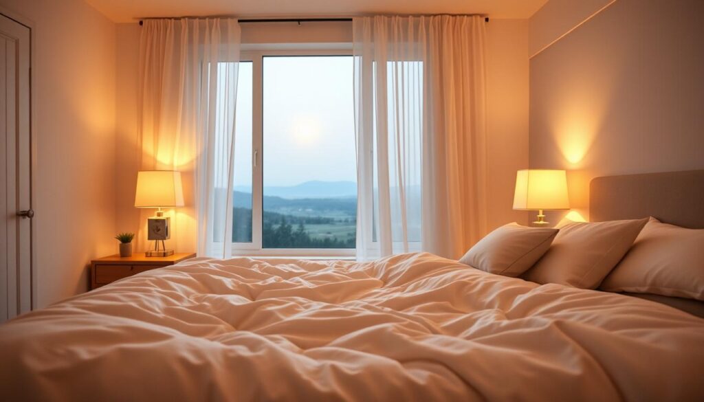 An airy, serene bedroom scene with a plush bed in the foreground, soft bedding and pillows inviting the viewer to sink into a restful slumber. A nightstand with a lamp casts a warm, diffused glow across the space. In the middle ground, a window overlooks a peaceful, moonlit landscape, hinting at the rejuvenating power of sleep. The atmosphere is tranquil and calming, emphasizing the importance of quality rest for weight loss and overall well-being. Delicate, wispy curtains frame the window, gently swaying in a gentle breeze. The camera angle is slightly elevated, creating a sense of comfort and security. An airy, serene bedroom scene with a plush bed in the foreground, soft bedding and pillows inviting the viewer to sink into a restful slumber. A nightstand with a lamp casts a warm, diffused glow across the space. In the middle ground, a window overlooks a peaceful, moonlit landscape, hinting at the rejuvenating power of sleep. The atmosphere is tranquil and calming, emphasizing the importance of quality rest for weight loss and overall well-being. Delicate, wispy curtains frame the window, gently swaying in a gentle breeze. The camera angle is slightly elevated, creating a sense of comfort and security.