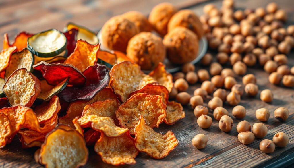 Crispy, golden-brown air fryer snacks arranged on a rustic wooden surface, lit by warm, natural lighting. In the foreground, an assortment of crispy vegetable chips - sweet potato, zucchini, and beet - glistening with a light dusting of seasoning. In the middle ground, fluffy, pillowy air-fried falafel balls, their exteriors crunchy and inviting. In the background, a scattering of roasted chickpeas, their surfaces crackly and delightfully snackable. The overall scene conveys a sense of wholesome indulgence, capturing the irresistible crunch and flavor of these nutritious, air-fried delights. Crispy, golden-brown air fryer snacks arranged on a rustic wooden surface, lit by warm, natural lighting. In the foreground, an assortment of crispy vegetable chips - sweet potato, zucchini, and beet - glistening with a light dusting of seasoning. In the middle ground, fluffy, pillowy air-fried falafel balls, their exteriors crunchy and inviting. In the background, a scattering of roasted chickpeas, their surfaces crackly and delightfully snackable. The overall scene conveys a sense of wholesome indulgence, capturing the irresistible crunch and flavor of these nutritious, air-fried delights.