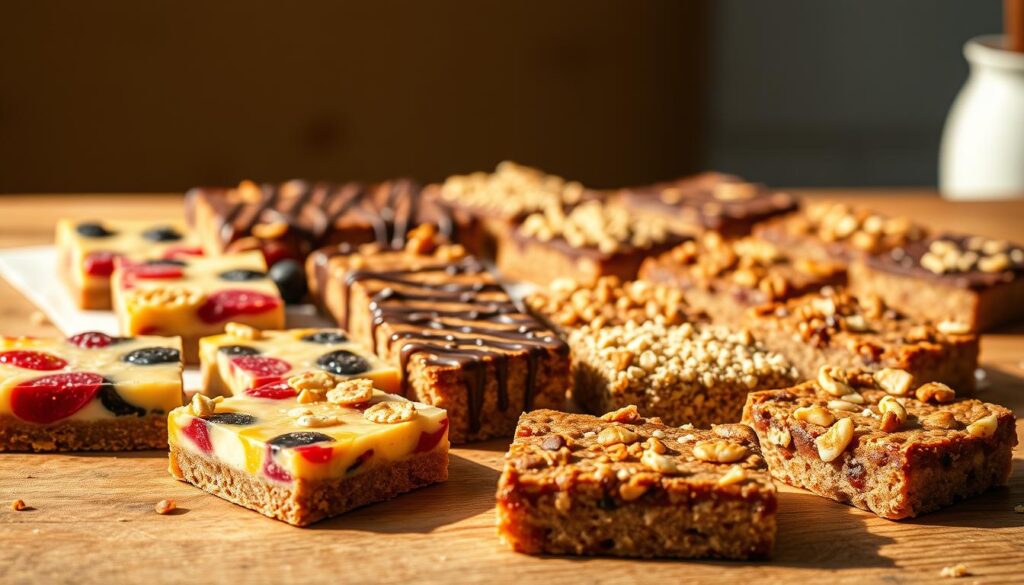 Delectable gluten-free dessert bars arranged on a rustic wooden table, bathed in warm, golden light. In the foreground, a variety of vibrant fruit-filled squares and nutty, caramelized bars, their textures inviting. The middle ground showcases a selection of decadent chocolate-drizzled and nut-topped treats, while the background features a minimalist, airy backdrop to highlight the artful presentation. The overall scene exudes a homemade, comforting atmosphere, perfect for savoring these healthful, gluten-free indulgences. Delectable gluten-free dessert bars arranged on a rustic wooden table, bathed in warm, golden light. In the foreground, a variety of vibrant fruit-filled squares and nutty, caramelized bars, their textures inviting. The middle ground showcases a selection of decadent chocolate-drizzled and nut-topped treats, while the background features a minimalist, airy backdrop to highlight the artful presentation. The overall scene exudes a homemade, comforting atmosphere, perfect for savoring these healthful, gluten-free indulgences.