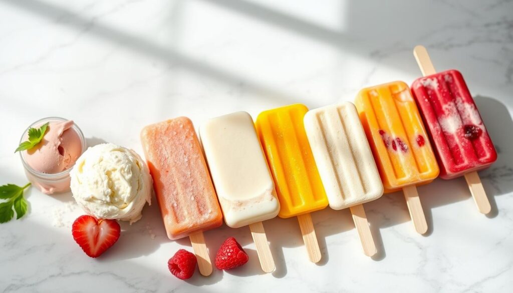 Delectable gluten-free frozen treats arranged artfully on a marble surface, bathed in soft, diffused lighting. An array of vibrant sorbets, creamy dairy-free ice creams, and refreshing popsicles in various fruit-forward flavors like mango, raspberry, and coconut. The scene evokes a sense of cool, summertime indulgence, with the frozen desserts appearing delightfully textured and inviting. A high-angle perspective captures the lineup of these healthful, allergen-friendly sweets, showcasing their vibrant colors and natural, premium ingredients. Delectable gluten-free frozen treats arranged artfully on a marble surface, bathed in soft, diffused lighting. An array of vibrant sorbets, creamy dairy-free ice creams, and refreshing popsicles in various fruit-forward flavors like mango, raspberry, and coconut. The scene evokes a sense of cool, summertime indulgence, with the frozen desserts appearing delightfully textured and inviting. A high-angle perspective captures the lineup of these healthful, allergen-friendly sweets, showcasing their vibrant colors and natural, premium ingredients.