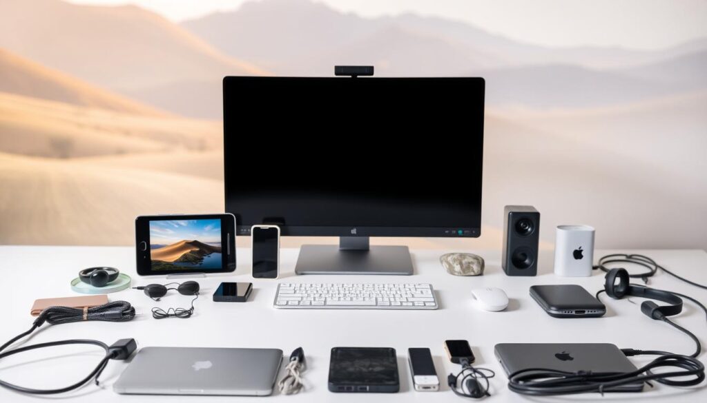 Detailed digital decluttering tips against a clean, minimalist backdrop. The foreground features organized digital devices, cables, and accessories arranged in a visually appealing manner. The middle ground showcases soothing natural elements like plants and rocks, conveying a sense of tranquility. The background is a serene, blurred landscape with soft, warm lighting creating a calming atmosphere. The overall composition emphasizes simplicity, organization, and digital detox through thoughtful curation of digital and natural elements.