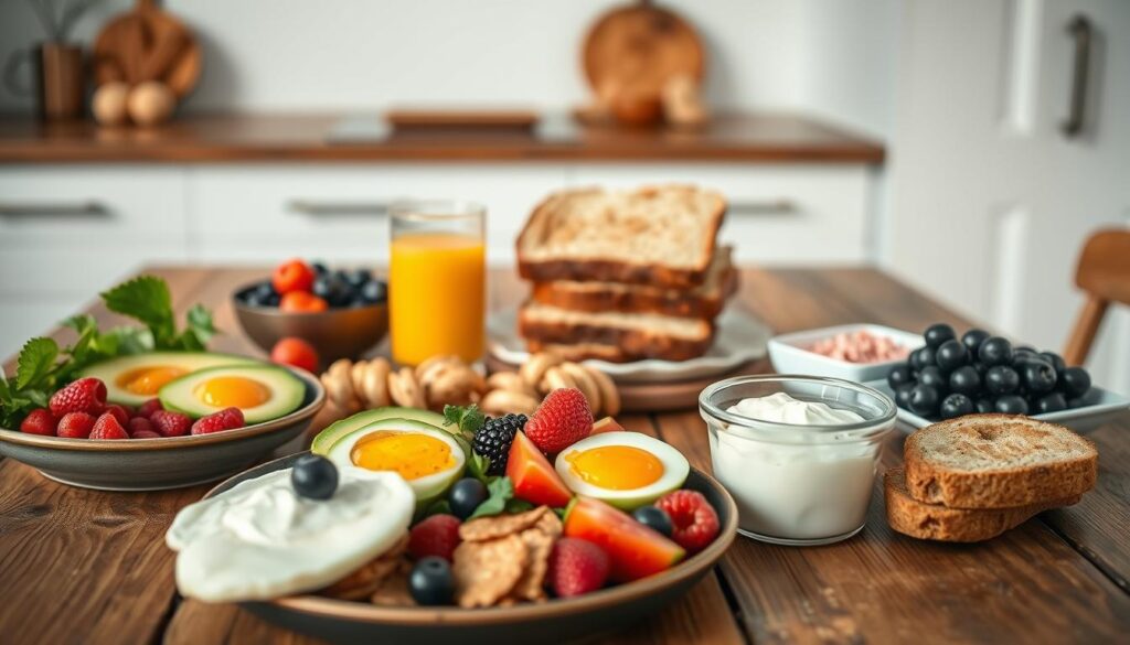 Elegant high-protein breakfast spread on a rustic wooden table, with natural lighting and soft focus. In the foreground, an assortment of ingredients including eggs, avocado, Greek yogurt, and berries. In the middle ground, a stack of whole-grain toast and a glass of fresh-squeezed orange juice. The background features a simple, minimalist kitchen setting with clean lines and muted tones, creating a calm, inviting atmosphere. Elegant high-protein breakfast spread on a rustic wooden table, with natural lighting and soft focus. In the foreground, an assortment of ingredients including eggs, avocado, Greek yogurt, and berries. In the middle ground, a stack of whole-grain toast and a glass of fresh-squeezed orange juice. The background features a simple, minimalist kitchen setting with clean lines and muted tones, creating a calm, inviting atmosphere.
