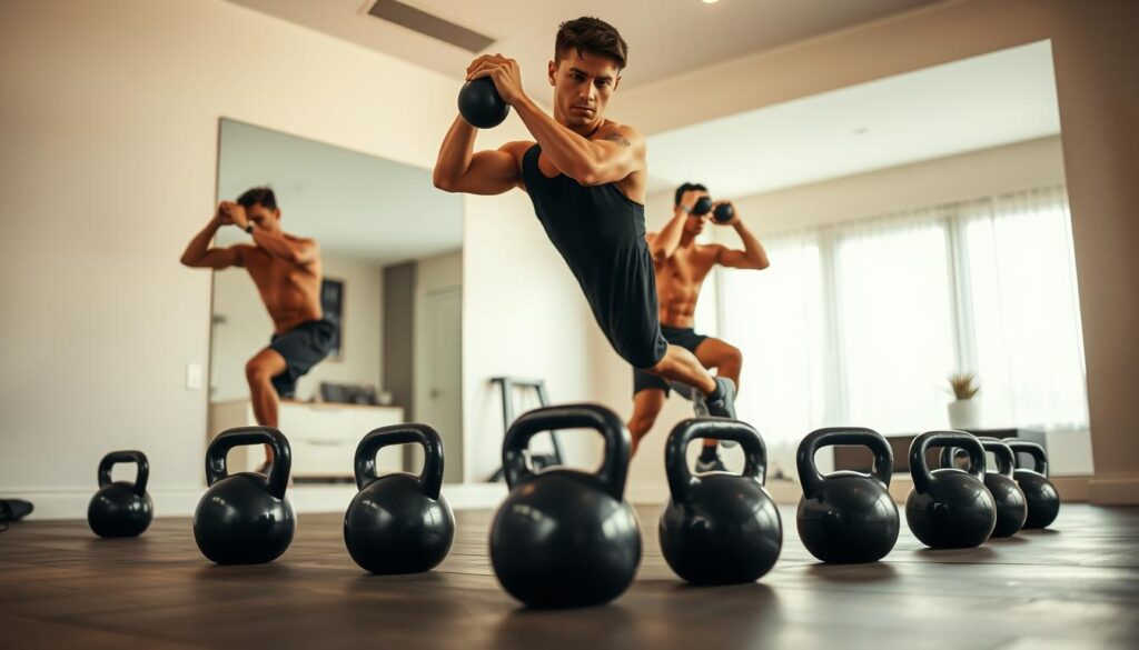 Kettlebell complex routine performed by a fit and athletic individual in a well-lit, modern home gym setting. The foreground shows the person in mid-motion, performing a series of fluid kettlebell exercises with perfect form - swings, cleans, presses, and snatches. The middle ground features the various-sized kettlebells used, arranged neatly on the floor. The background has minimalist decor, including a large mirror that reflects the dynamic movement. Warm, natural lighting casts a focused, intense atmosphere, highlighting the person's dedication and control. The overall scene conveys the challenging, comprehensive nature of a kettlebell complex workout.