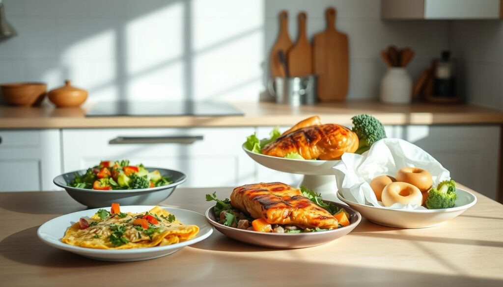 Ozempic friendly breakfast, lunch, and dinner set against a clean, minimalist kitchen backdrop. A table with a variety of low-carb, high-protein dishes - a veggie-packed omelette, a grilled salmon salad, and a roasted chicken with steamed broccoli. Soft, natural lighting illuminates the scene, casting gentle shadows. The composition is balanced, with the food taking center stage. The overall mood is healthy, nourishing, and conducive to an Ozempic-friendly lifestyle. Ozempic friendly breakfast, lunch, and dinner set against a clean, minimalist kitchen backdrop. A table with a variety of low-carb, high-protein dishes - a veggie-packed omelette, a grilled salmon salad, and a roasted chicken with steamed broccoli. Soft, natural lighting illuminates the scene, casting gentle shadows. The composition is balanced, with the food taking center stage. The overall mood is healthy, nourishing, and conducive to an Ozempic-friendly lifestyle,Ozempic-Friendly 5-Day Meal Plan