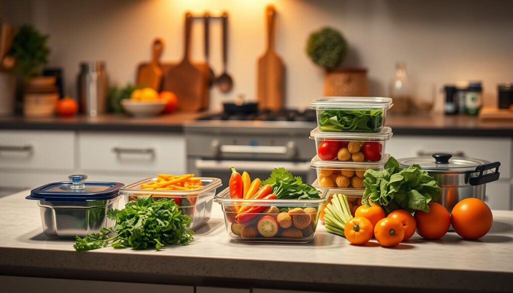 Sleek kitchen countertop with various meal prep containers, fresh vegetables, and cooking utensils. Soft, warm lighting illuminates the scene, creating a cozy, inviting atmosphere. The layout is well-organized, showcasing efficient meal prep strategies. Ingredients are neatly arranged, suggesting a cost-effective and time-saving approach to healthy eating. The overall composition emphasizes simplicity, practicality, and the joy of cooking nutritious meals on a budget. Sleek kitchen countertop with various meal prep containers, fresh vegetables, and cooking utensils. Soft, warm lighting illuminates the scene, creating a cozy, inviting atmosphere. The layout is well-organized, showcasing efficient meal prep strategies. Ingredients are neatly arranged, suggesting a cost-effective and time-saving approach to healthy eating. The overall composition emphasizes simplicity, practicality, and the joy of cooking nutritious meals on a budget.