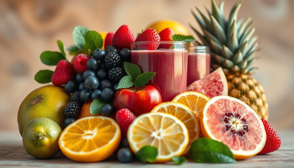 a healthy assortment of weight loss-friendly fruits, including vibrant berries, crisp apples, refreshing citrus, and lush tropical fruits, arranged artfully against a soft, blurred background with warm, diffused lighting, capturing the essence of a perfect smoothie ingredient selection, shot with a shallow depth of field to highlight the natural textures and colors of the produce. a healthy assortment of weight loss-friendly fruits, including vibrant berries, crisp apples, refreshing citrus, and lush tropical fruits, arranged artfully against a soft, blurred background with warm, diffused lighting, capturing the essence of a perfect smoothie ingredient selection, shot with a shallow depth of field to highlight the natural textures and colors of the produce.