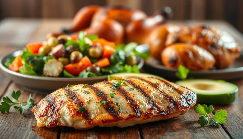 A beautifully lit, mouth-watering display of healthy chicken recipes arranged on a rustic wooden table. In the foreground, a juicy grilled chicken breast with a golden-brown sear, garnished with fresh herbs and a drizzle of lemon. In the middle ground, a vibrant salad of mixed greens, diced tomatoes, and sliced avocado. In the background, a roasted chicken with crispy skin, accompanied by roasted vegetables like brussels sprouts and sweet potatoes. The scene is bathed in warm, natural lighting, creating a cozy, inviting atmosphere perfect for a wholesome, nutritious meal. A beautifully lit, mouth-watering display of healthy chicken recipes arranged on a rustic wooden table. In the foreground, a juicy grilled chicken breast with a golden-brown sear, garnished with fresh herbs and a drizzle of lemon. In the middle ground, a vibrant salad of mixed greens, diced tomatoes, and sliced avocado. In the background, a roasted chicken with crispy skin, accompanied by roasted vegetables like brussels sprouts and sweet potatoes. The scene is bathed in warm, natural lighting, creating a cozy, inviting atmosphere perfect for a wholesome, nutritious meal.
