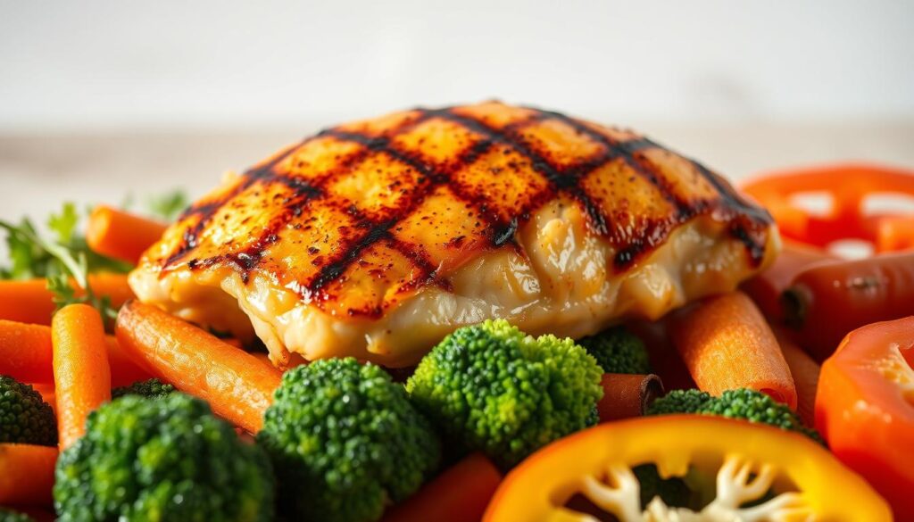 A delectable grilled chicken breast, perfectly seared with a golden-brown exterior, rests atop a vibrant arrangement of fresh vegetables. The chicken glistens under the warm, natural lighting, casting gentle shadows that accentuate its juicy texture. In the foreground, a medley of crisp carrots, tender broccoli florets, and vibrant bell pepper slices create a harmonious color palette, arranged with care to showcase their individual qualities. The middle ground features a light, airy background, subtly blurred to draw the eye to the main subject. The overall composition evokes a sense of wholesome, home-cooked satisfaction, inviting the viewer to imagine the savory aromas and satisfying flavors of this classic chicken breast dish.