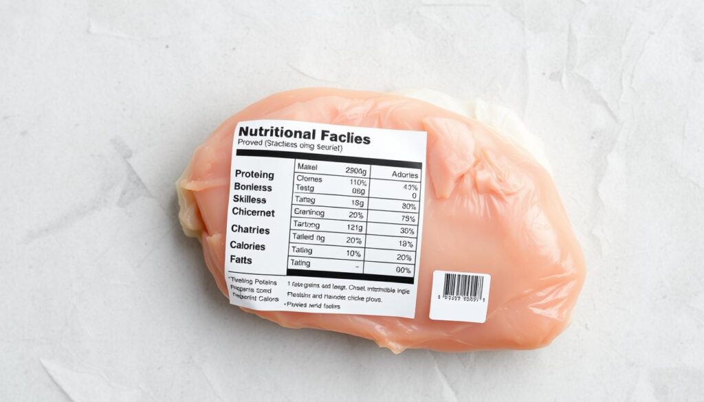 A detailed nutritional information label for a raw, boneless, skinless chicken breast, showcasing key metrics such as calories, protein, fat, and carbohydrates. The label is presented on a clean, minimalist background, with a muted color palette and soft, diffused lighting, creating a modern, elegant aesthetic. The overall composition is balanced and visually appealing, emphasizing the informative nature of the image while conveying a sense of simplicity and sophistication suitable for the "Chicken Breast in Meal Prep" section of the article. A detailed nutritional information label for a raw, boneless, skinless chicken breast, showcasing key metrics such as calories, protein, fat, and carbohydrates. The label is presented on a clean, minimalist background, with a muted color palette and soft, diffused lighting, creating a modern, elegant aesthetic. The overall composition is balanced and visually appealing, emphasizing the informative nature of the image while conveying a sense of simplicity and sophistication suitable for the "Chicken Breast in Meal Prep" section of the article.