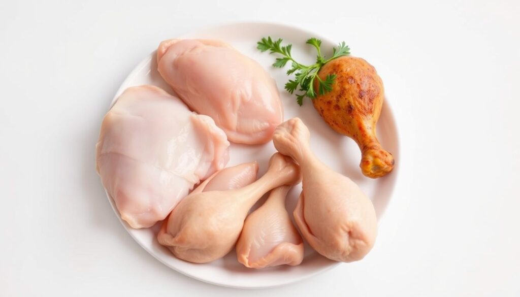 A high-quality photograph of a plate displaying various chicken-based protein sources, including boneless, skinless chicken breasts, chicken thighs, and chicken drumsticks, against a plain white background. The lighting is soft and diffused, creating a clean, professional look. The camera angle is slightly elevated, providing a clear view of the protein-rich cuts of chicken. The image conveys the nutritional value and versatility of chicken as a source of high-quality protein.