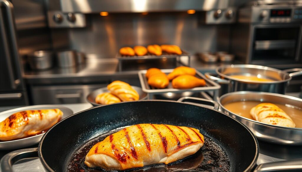 A professional chef's kitchen, with a gleaming stainless steel countertop and state-of-the-art appliances. In the foreground, a juicy chicken breast sizzles in a cast-iron skillet, glistening with golden-brown sear marks. Surrounding it, an array of cooking methods are displayed, from a slow-roasted chicken breast in a convection oven, to a tender, poached chicken breast in a simmering pot of broth. The lighting is warm and inviting, casting a soft glow on the scene, and the camera angle is slightly elevated, giving a bird's-eye view of the various cooking techniques and their impact on the chicken's appearance and texture.