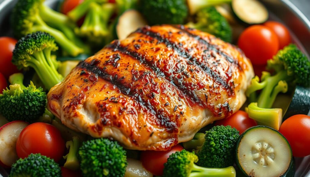 A succulent grilled chicken breast rests on a bed of vibrant, freshly sautéed vegetables. Crisp broccoli florets, tender zucchini slices, and juicy cherry tomatoes create a colorful, appetizing arrangement. Soft, ambient lighting casts a warm glow, highlighting the juicy sheen of the chicken and the natural textures of the produce. The composition is balanced, with the chicken as the focal point, surrounded by the complementary vegetable medley. The image conveys a sense of wholesome, nutritious, and visually appealing portion control, suitable for illustrating a section on serving suggestions for a 6 oz chicken breast. A succulent grilled chicken breast rests on a bed of vibrant, freshly sautéed vegetables. Crisp broccoli florets, tender zucchini slices, and juicy cherry tomatoes create a colorful, appetizing arrangement. Soft, ambient lighting casts a warm glow, highlighting the juicy sheen of the chicken and the natural textures of the produce. The composition is balanced, with the chicken as the focal point, surrounded by the complementary vegetable medley. The image conveys a sense of wholesome, nutritious, and visually appealing portion control, suitable for illustrating a section on serving suggestions for a 6 oz chicken breast.