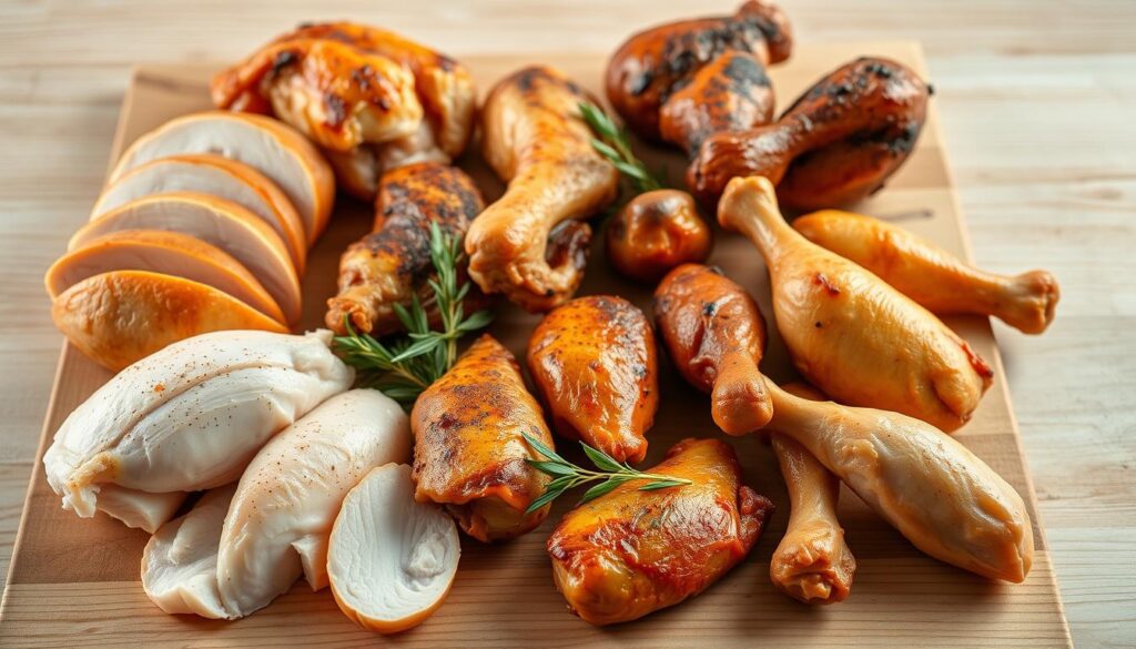 a detailed, high-resolution photograph of various protein-rich chicken products including roasted chicken breasts, chicken thighs, chicken drumsticks, and chicken wings, arranged on a wooden table with a neutral background. The lighting is natural and soft, creating a warm, appetizing atmosphere. The camera angle is slightly elevated, capturing the various chicken cuts from an eye-level perspective. The image showcases the diverse protein sources available from chicken, highlighting its versatility and nutritional value.