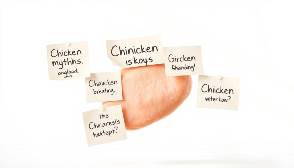 a high-resolution photorealistic illustration of a series of common myths about chicken breast, depicted as paper notes or sticky notes with handwritten text, floating in a bright, well-lit, minimalist studio environment with a plain white background, using a clean, modern aesthetic with soft shadows and natural lighting, showcasing the simplicity and clarity of the information a high-resolution photorealistic illustration of a series of common myths about chicken breast, depicted as paper notes or sticky notes with handwritten text, floating in a bright, well-lit, minimalist studio environment with a plain white background, using a clean, modern aesthetic with soft shadows and natural lighting, showcasing the simplicity and clarity of the information